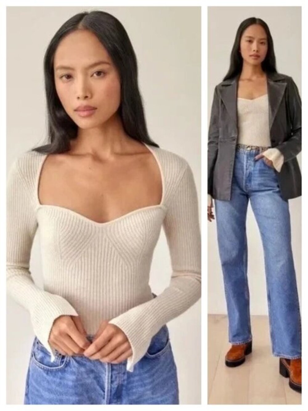 Reformation Glenna Cashmere Ribbed Sweetheart Neck Cropped Sweater XL Ivory/Crea